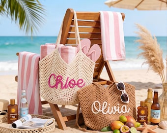 Sac fourre-tout de plage au crochet personnalisé, sac de plage fait main en fil de coton avec nom personnalisé, fourre-tout de voyage léger et respirant