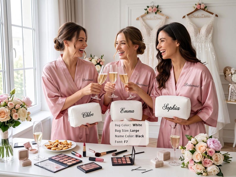May include: Three individuals wearing dusty rose satin robes with the word Bridesmaid embroidered on the chest. Each holds a white rectangular cosmetic bag with a black embroidered name: Chloe, Emma, or Sophia. Text reads: Bag Color: White, Bag Size: Large, Name Color: Black, Font: F7.