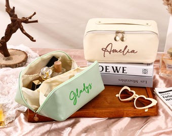 Bolsa de maquillaje de cuero bordada personalizada, regalo para dama de honor