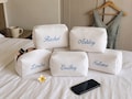 Embroidered Waffle Cosmetic Bag: Personalized Bridesmaid Makeup Bag, Bridal Shower Gift, Monogram Toiletry Bag, Gift for Her, Travel Bag