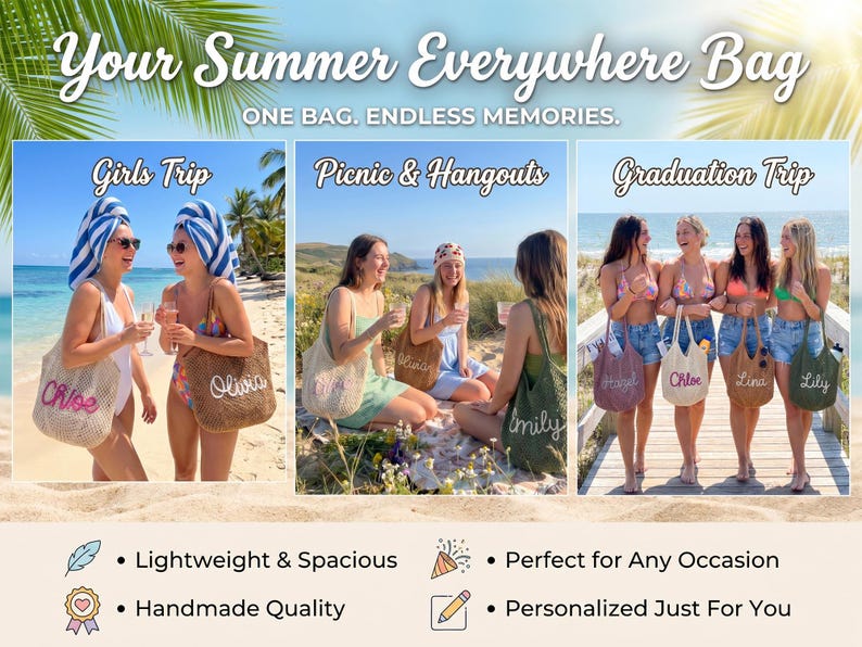 Personalized beach tote bags,Crochet beach bags,Bridesmaid gift bags,Travel Beach Bag,Wedding favor gift,Bachelorette Trip Gift for Her image 6