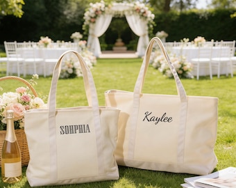 Custom Embroidered Canvas Tote Bag with with Ribbon, Bridesmaid Gift with Name, Bachelorette Gifts