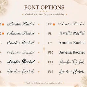 May include: A font selection chart titled FONT OPTIONS displaying twelve distinct black typography styles labeled F1 through F12. Each entry features the name Amelia Rachel in a unique typeface, accompanied by a small heart icon.