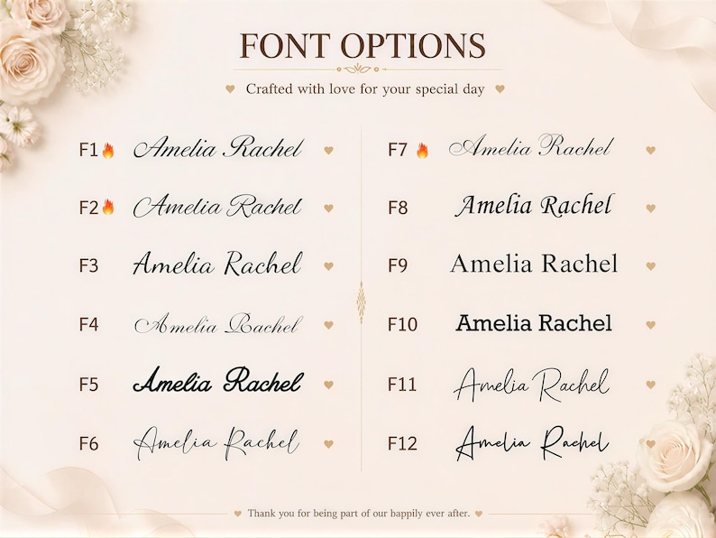 May include: A font selection chart titled FONT OPTIONS displaying twelve distinct black typography styles labeled F1 through F12. Each entry features the name Amelia Rachel in a unique typeface, accompanied by a small heart icon.