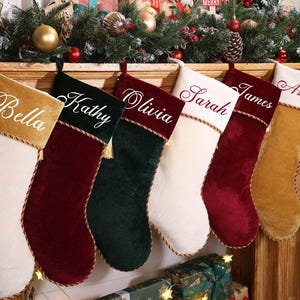 Personalized Velvet Christmas Stockings: Gold Fringe, Family Name