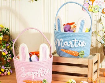 Canasta de Pascua personalizada, canasta de regalo para bebé de algodón con cuerda, canasta para la búsqueda de huevos de Pascua, canasta con nombre de bebé, canasta de conejo, cubo de Pascua, regalo para baby shower