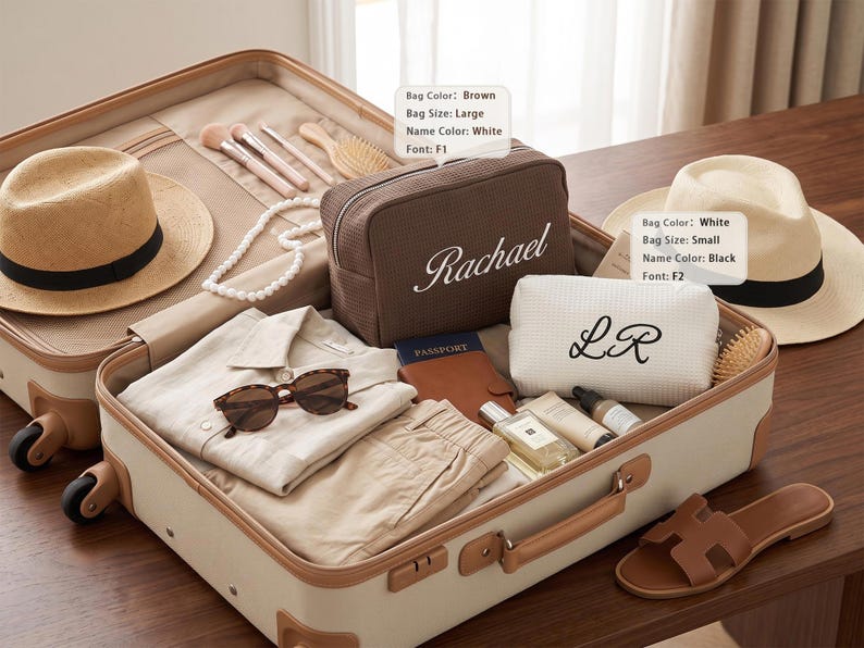 May include: An open suitcase containing a large brown textured bag with the white text Rachael, a small white textured bag with the black text LR, two straw hats, a beige shirt, beige shorts, sunglasses, a passport holder, and toiletries.