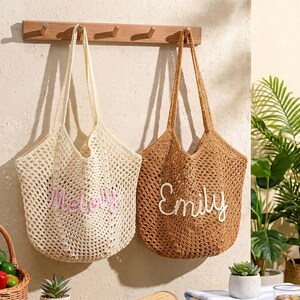 Personalized Beach Tote Bags Bridesmaid, Crochet Bridesmaid Gift Bags, Custom Name Wedding Party Favor Tote