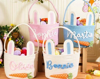Personalized Easter Basket with Name,Handwoven Rope Basket,Easter Bunny Gift for Kids,Easter Egg Hunt Basket,Baby Shower Gift,Bunny Basket