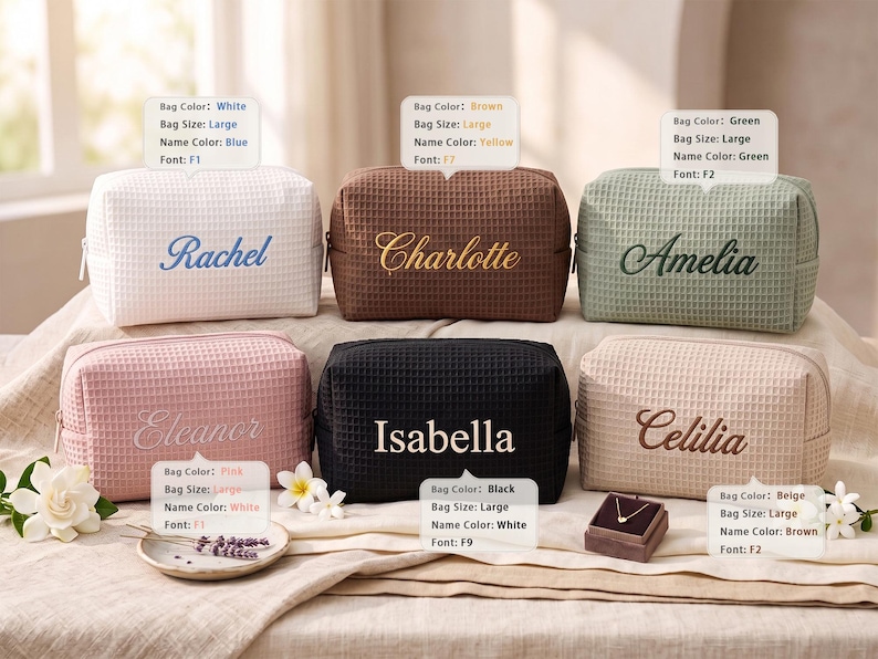 May include: Six large waffle-textured cosmetic bags in white, brown, green, pink, black, and beige. Each bag features a personalized name embroidered in a specific color and font style, with labels indicating bag color, size, name color, and font choice.