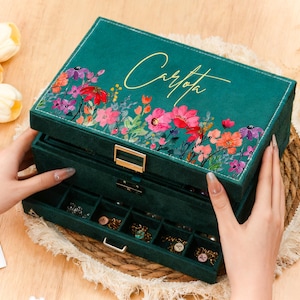 Può includere: Un portagioie verde acqua con un design floreale e il nome "Carlota" in corsivo. La scatola è aperta, rivelando più scomparti pieni di gioielli. Il design floreale include fiori rosa, rossi e viola.