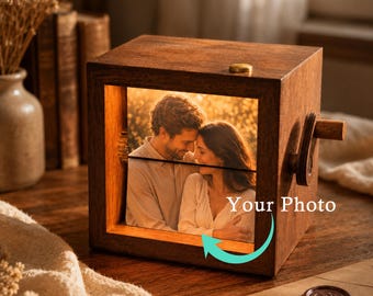 Personalized Wooden Photo Flipbook, Custom Hand Crank Photo Box with Light, Flip Book Frame, Anniversary Gift