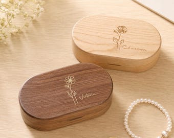 Personalized Black Walnut Jewelry Box, Custom Engraved Birth Flower Keepsake