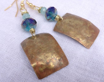 Earrings - brass patina with blue Chinese crystal and aqua glass beads