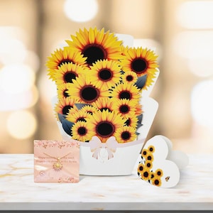 Tarjeta de felicitación 3D desplegable con ramo de girasoles en modo degradado