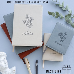 May include: A collection of personalized notebooks in various colors, including cream, gray, and brown. Each notebook features a floral design and a name. The image also includes pens and the text "BEST GIFT".