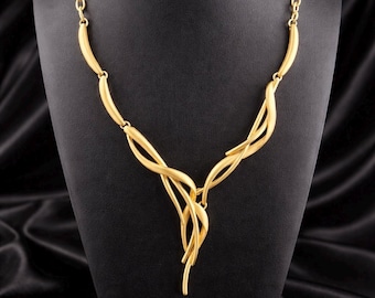 Vintage Modernist-Style Abstract Satin Gold Tone Statement Necklace