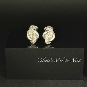 Vintage Christian Dior Clip-On Earrings - Silver Tone Wavy Knot Rhinestones -Signed Designer Jewelry