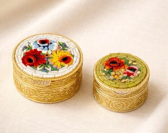 Italian Vintage Micro Mosaic Gold Tone Trinket / Jewelry / Pill Box Set