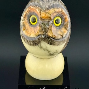 Vintage MCM Italian Carved Mini Alabaster Owl Figurine – Hand Painted, Made in Italy, – Mid Century Desk or Shelf Decor