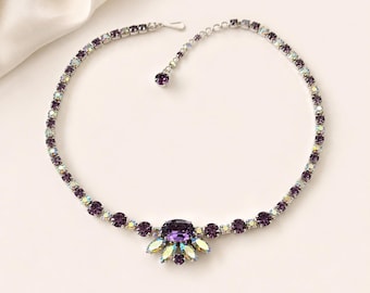 Collar Sherman Vintage morado y azul con diamantes de imitación Aurora Boreal - Firmado