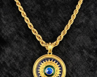 JBK Vintage Gold Tone Crystal & Enamel Pendant Medallion Statement Necklace - Signed