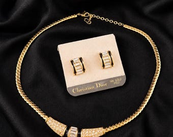 Christian Dior Vintage Crystal Enamel Necklace and Earrings Set - Signed