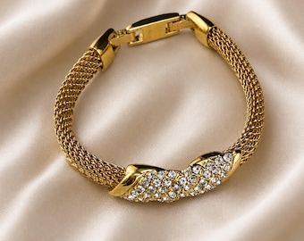 JBK Vintage Icy Rhinestone Gold Tone Mesh Statement Bracelet - Signed