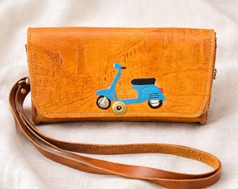 Paris Mini Leather Vintage Crossbody Bag - Hand Painted Scooter