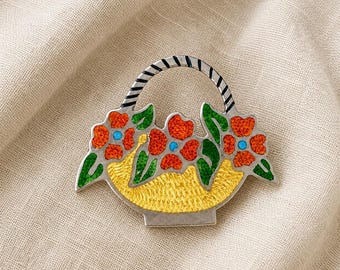 Jose Federico Vintage Sterling and Enamel Flower Basked Brooch - Signed
