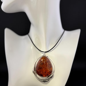 Baltic Amber & Sterling Silver Large Teardrop Vintage Statement Pendant