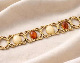 Emmons Vintage MCM Gold Tone Link Bracelet, Faux Amber & Cream Cabochon - Signed