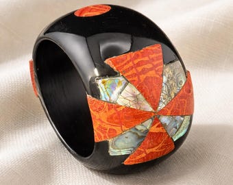 PONO Black Resin Statement Cuff Bracelet - Abalone & Sponge Coral Inlay