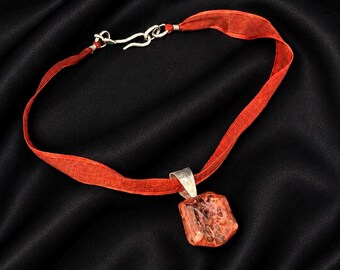 Delphine Nardin Paris Vintage Art Glass Silk Ribbon Pendant Necklace - Signed French Designer