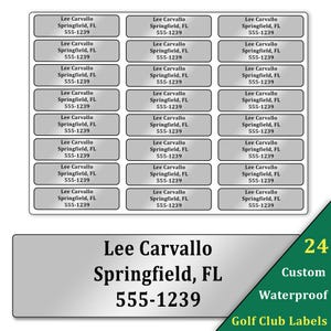 May include: A sheet of 24 custom waterproof golf club labels with the text "Lee Carvallo Springfield, FL 555-1239" printed in black on a silver background.