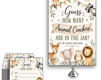 May include: A baby shower game set with a sign that reads "Guess How Many Animal Crackers Are in the Jar?" and matching guess cards. The sign features woodland animal illustrations, including a fox, raccoon, deer, elephant, owl, and lion.