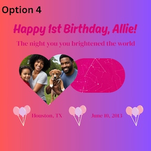 ¡Feliz cumpleaños! Mapas personalizados del cielo y las estrellas con el cumpleaños y la ubicación de tu mascota, 1 foto, para mamá, papá, hijo, tía, tío, hermano, hermana, personaliza