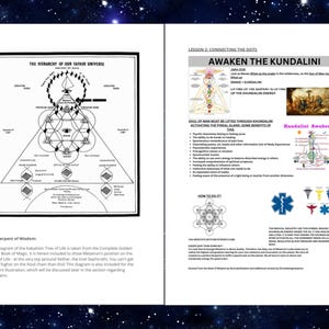 Op de afbeelding: Een document van twee pagina's getiteld Lesson 2: Connecting the Dots, met een zwart-wit diagram van de hi&euml;rarchie van het universum, tekst over Kundalini, een medisch symbool en diverse illustraties van energiecentra en spirituele concepten.