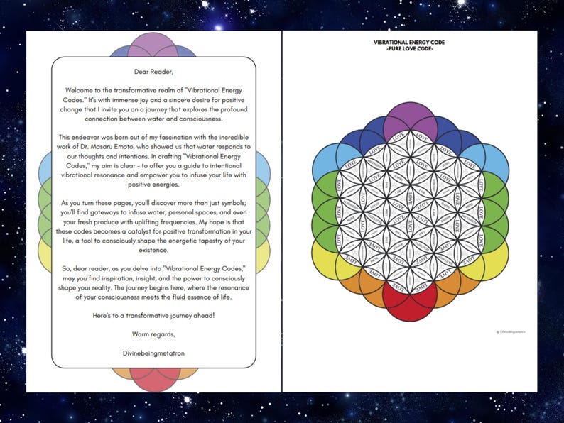Op de afbeelding: Een document van twee pagina's getiteld Vibrational Energy Code -Pure Love Code-. De linkerpagina bevat een brief aan de lezer over water en bewustzijn. De rechterpagina toont een geometrisch levensbloempatroon met het woord LOVE.