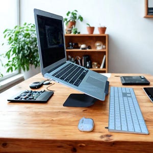 Pode incluir: Um laptop em um suporte, com teclado, mouse e tablet em uma mesa de madeira. O laptop está aberto, exibindo uma tela escura. A mesa está em uma sala bem iluminada com plantas e uma janela.