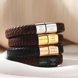 Personalized Leather Bracelet, Engraved Family Names Bracelet, Custom Men&#39;s Jewelry, Daddy Gift, Gift for Husband, Father&#39;s Day Gift for Him