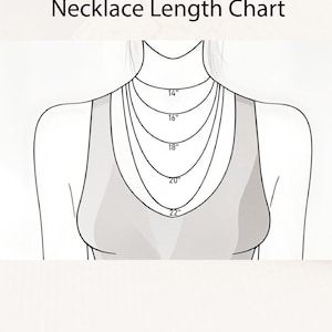 Puede incluir: Un diagrama que ilustra las longitudes de los collares, de 14 a 22 pulgadas (35,5 a 55,8 cm), que se muestran en una figura femenina estilizada. El texto "Necklace Length Chart" est&aacute; en la parte superior. La imagen es en blanco y negro.