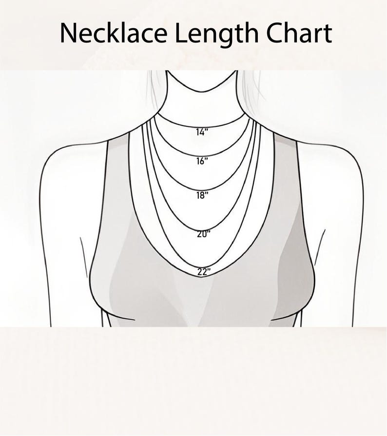 Puede incluir: Un diagrama que ilustra las longitudes de los collares, de 14 a 22 pulgadas (35,5 a 55,8 cm), que se muestran en una figura femenina estilizada. El texto "Necklace Length Chart" est&aacute; en la parte superior. La imagen es en blanco y negro.