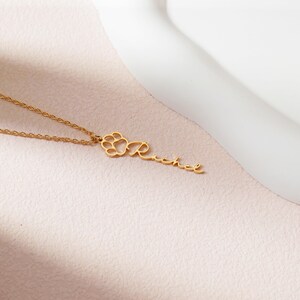 May include: A gold-colored necklace with a paw print design and the name "Rachel" in cursive script. The pendant is attached to a delicate chain. The necklace is displayed on a light pink surface.