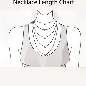 May include: A diagram illustrating necklace lengths, featuring a stylized outline of a person's upper body. The chart displays necklace lengths of 14, 16, 18, 20, and 22 inches, with the text "Necklace Length Chart" at the top.