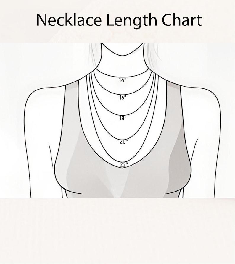 May include: A diagram illustrating necklace lengths, featuring a stylized outline of a person's upper body. The chart displays necklace lengths of 14, 16, 18, 20, and 22 inches, with the text "Necklace Length Chart" at the top.
