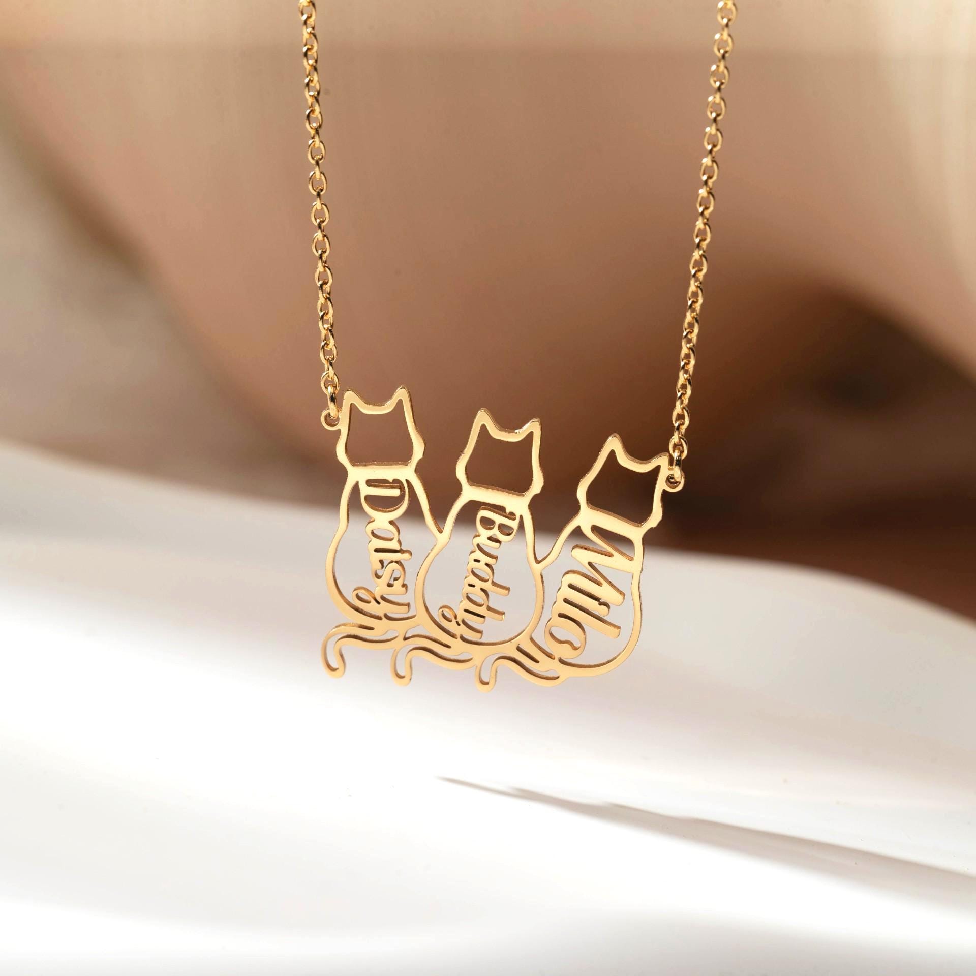 Dainty Cat Name Necklace, Cat Family Necklace, Cat Silhouette Necklace, Personalized Pet Memorial Gift, Cat Lovers Gift, Gift for Her