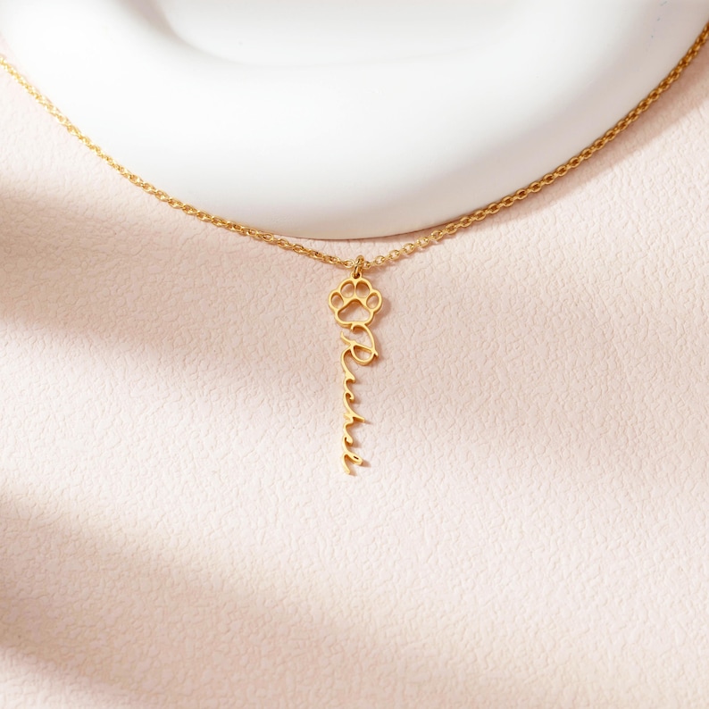 May include: A gold-colored necklace with a delicate chain. The pendant features a paw print above the name "Rachel" in cursive script. The necklace is displayed against a soft, light pink background.