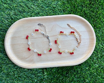 Pulsera de cuentas de flor de cerezo: joyería floral ajustable hecha a mano