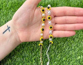 Pulsera de cuentas de girasol hecha a mano: cadena ajustable de oro y plata